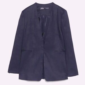 Zara Linen Blazer Blend Collarless Dark Navy Blue sz XL